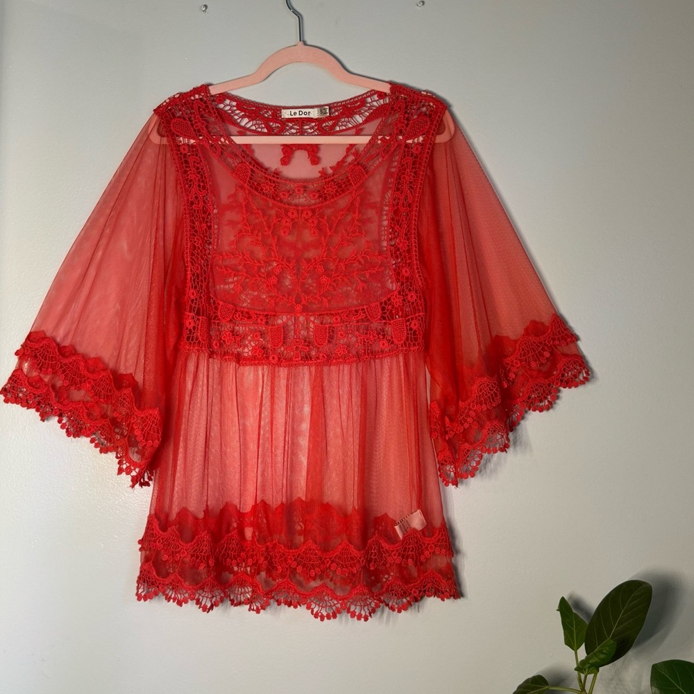 Red Lace Women Cover up Dress or Long Top